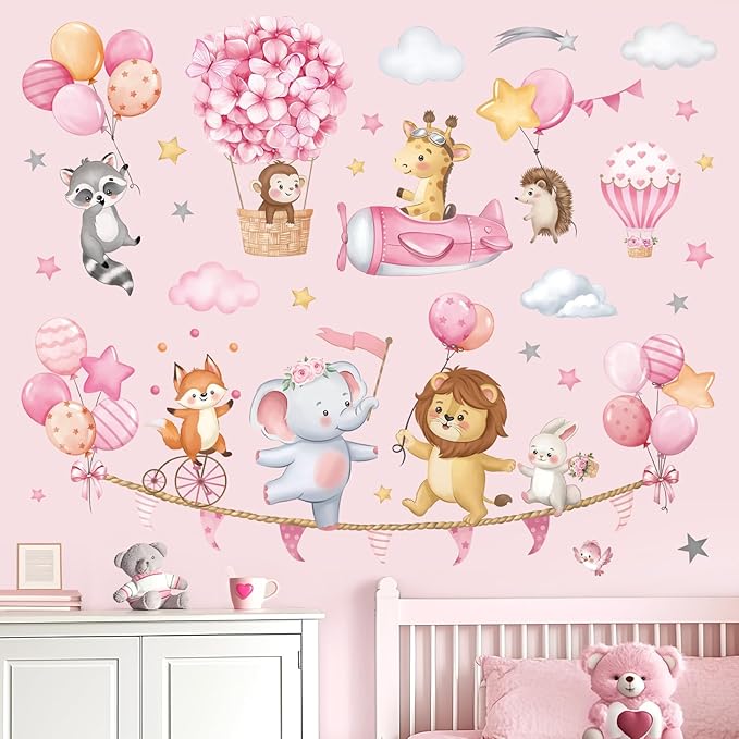 decalmile Pink Animal Hot Air Ballon Wall Decals Elephant Lion Giraffe Wall Stickers Daycare Girls Bedroom Baby Nursery Wall Decor
