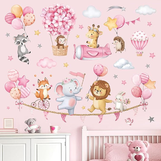 decalmile Pink Animal Hot Air Ballon Wall Decals Elephant Lion Giraffe Wall Stickers Daycare Girls Bedroom Baby Nursery Wall Decor