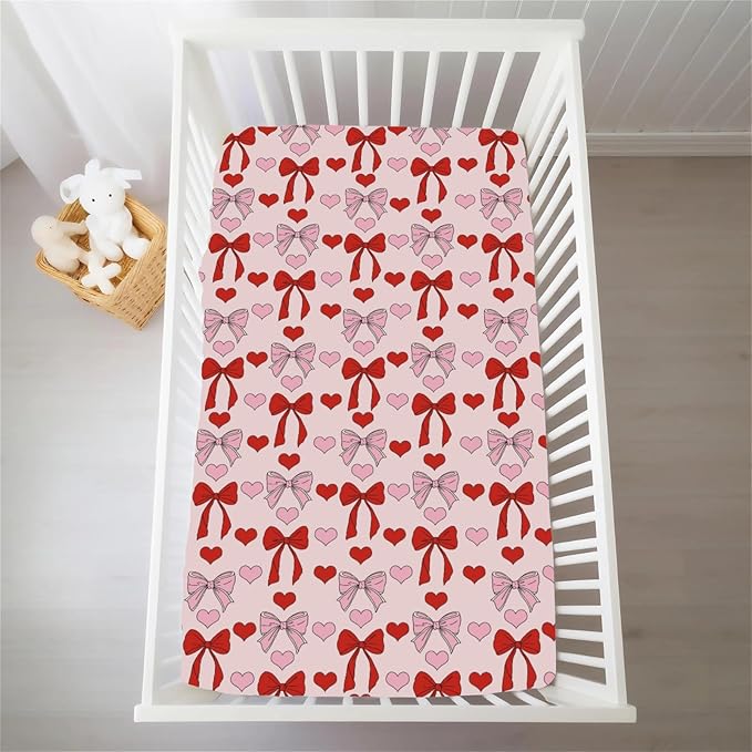 Ribbon Bows Heart Baby Crib Sheets for Boys Girls Pink Red Bows Ribbon Soft Stretchy Fitted Crib Mattress Covers for 52''x28'' Standard Crib & Toddler Mattress Baby's First Valentine's Love Bed Sheets