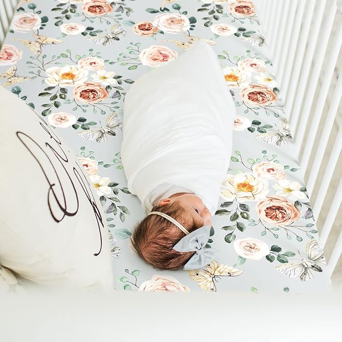 GRSSDER Stretchy Crib Sheets for Baby Girls, Ultra Soft Jersey Knit Fitted Crib Sheets 2 Pack, Universal Fits Most Toddler Crib Mattress Pads Safe and Snug, Stylish Flora Print