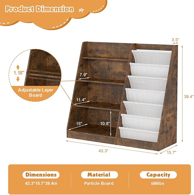 HedoAjim Kids Bookshelf for Bedroom Toddler Child Baby Bookcase 4-Tier for Nursery Book Toy Storage Organizer 6 Sling Adjustable Display Shelf Stand Book Rack Wood Classroom Playroom Rustic Brown