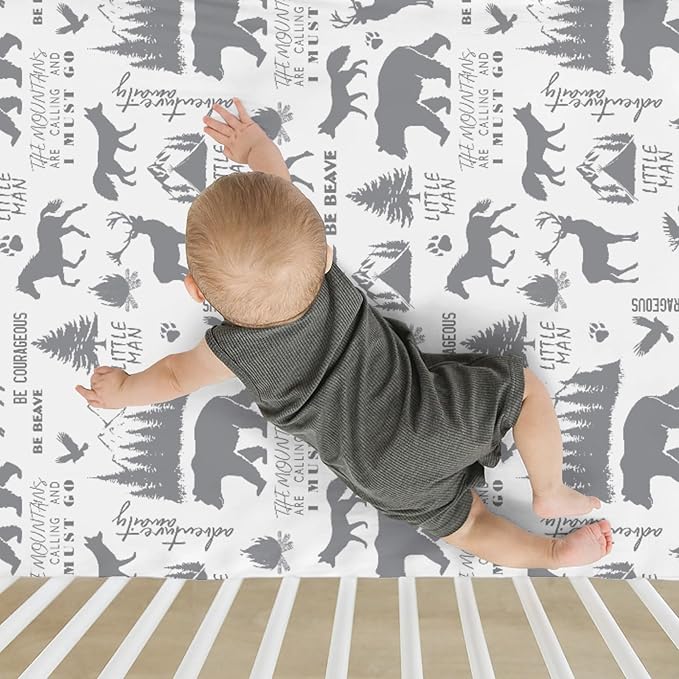 Gray Animals Baby Crib Sheets for Boy 52x28Inch Deer Bear Horse Trees Mountain Soft Stretchy Fitted Crib Mattress Cover Camping Adventure Baby Sheet for Standard Crib & Toddler Mattress