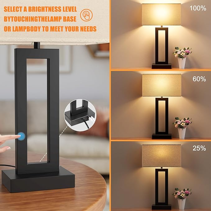 Modern 22" Tall Bedside Lamps for Night Stands - Touch 3 Way Dimmable Bedroom Lamps (Set of 2) with USB C+A (Beige & Black)