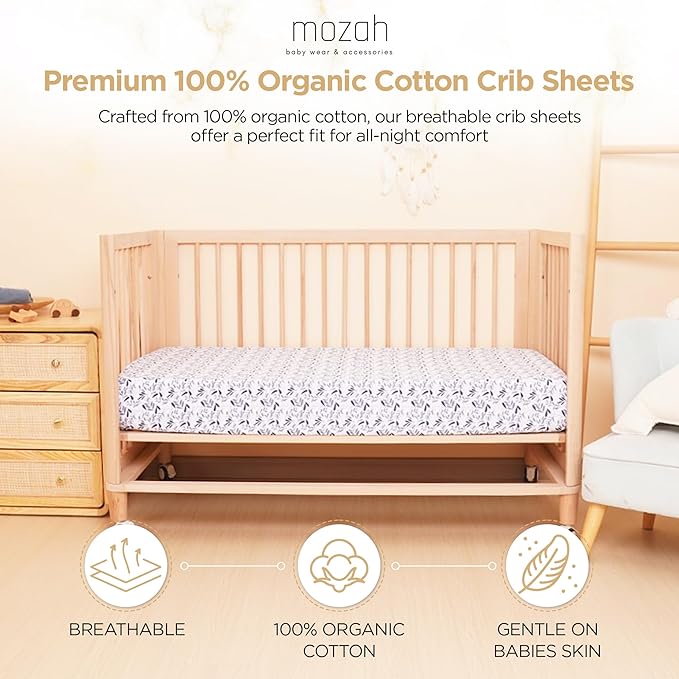 MOZAH Organic Muslin Crib Sheets, Soft and Breathable Bedding for Baby Girls or Boys, Snug Fitted Sheet for Standard Cribs & Toddler Mattresses, 2 Pack, Blue and Blue Leaves