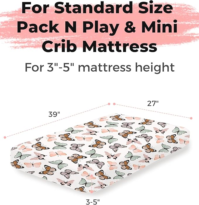 Pack and Play Sheets 2 Pack, Fitted Jersey Knit Mini Crib Sheets for Baby Boys and Girls, Compatible with Graco Pack N Play and Mini Crib Mattress (Butterfly Dance, Pack N Play/Mini Crib Sheets)