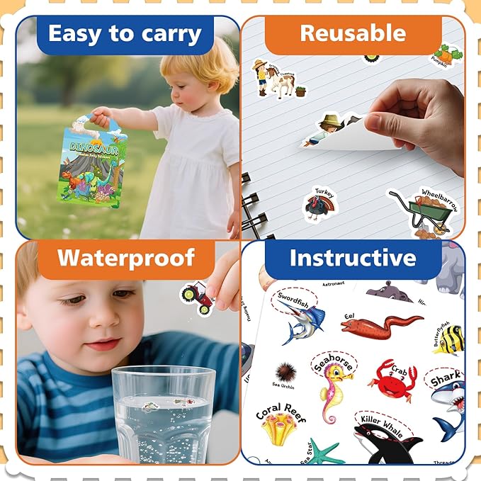 6 Sets Reusable Sticker Book for Toddlers 3-6, Jelly Sticker Books for Toddler, Travel Sticker Activity Toys for Kids 3 4 5 6 Years Old Girls & Boys