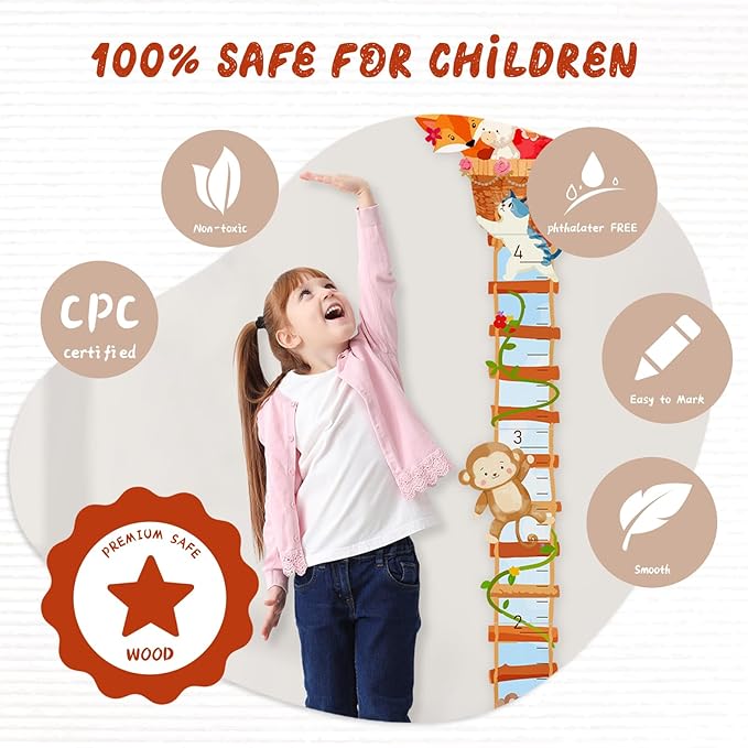 Woodemon Personalized Name Wooden Growth Chart for Wall, Animal Balloon Wood Baby Height Growth Chart Wall Kids Room Nursery Wall Decor