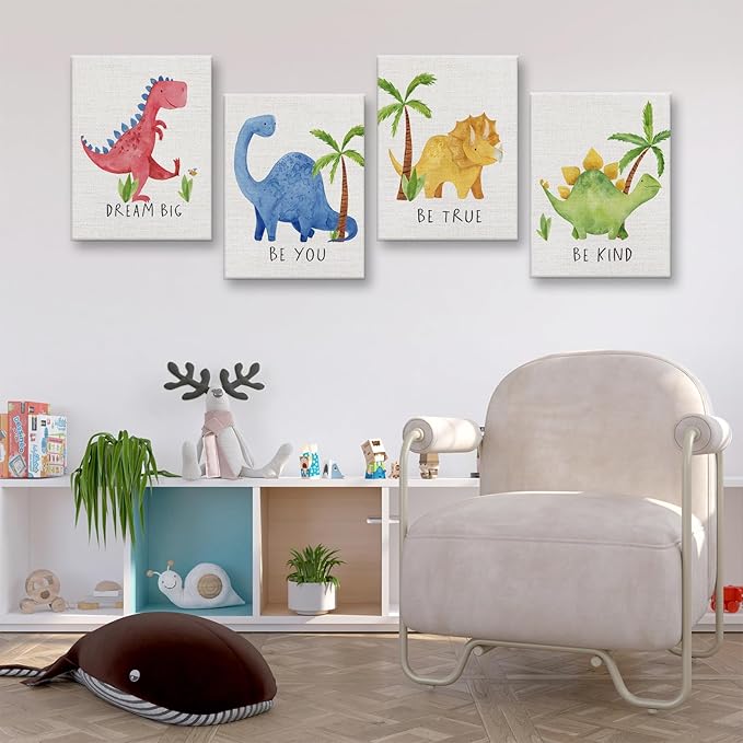 Cute Watercolor Dinosaur Prints Inspirational Motivational Quotes Canvas Wall Art Nursery Decor Wall Decor Funny Poster Artwork for Kids Room Classroom Bedroom Decorations,4PCS,Framed,8x10IN