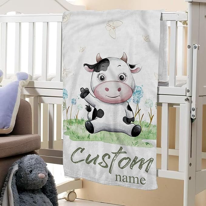 Personalized Baby Crib Bedding Set: 4 Piece Custom Gift Crib Bed Set with Name - Cute Cow Theme,Nursery Bedding Set for Baby Girls Crib,Newborn Boys Girls Crib Sets, Crib Bedding Shower Gifts