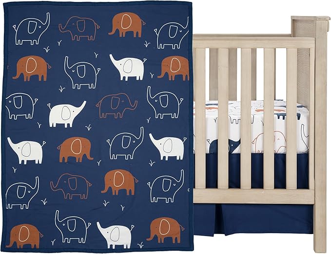 Lambs & Ivy Playful Elephant Blue/White Cotton 3-Piece Baby Crib Bedding Set