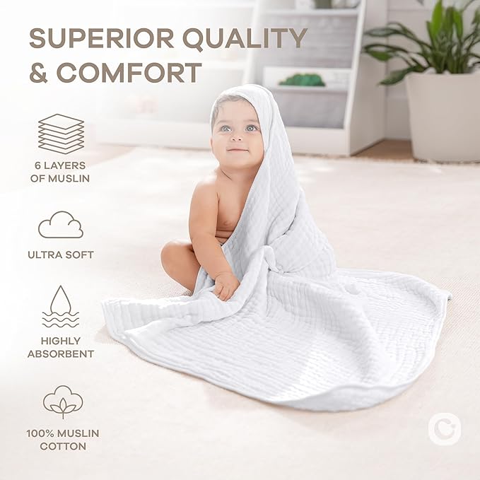 Comfy Cubs Baby Hooded 9 Layer Muslin Cotton Towel for Kids, Large 32” x 32”, Ultra Soft, Warm, and Absorbent. Baby Essentials Bath Towels, Cute Unisex Cover for Girls and Boys (Pack of 1, White)