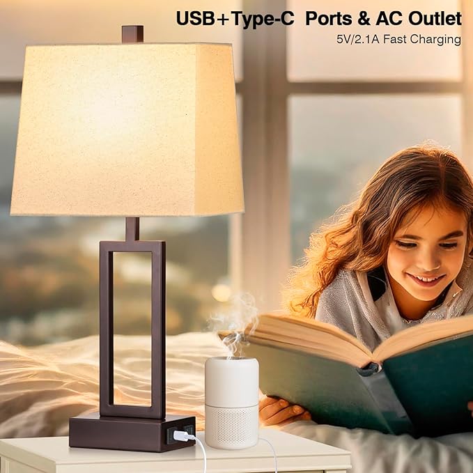 Lolikit 23.5" Touch Control Table Lamps, Metal Bedside Lamp for Bedroom Set of 2 with USB A+C Ports & AC Outlet, 3-Way Dimmable Nightstand Lamp for Living Room (LED Bulb Included)