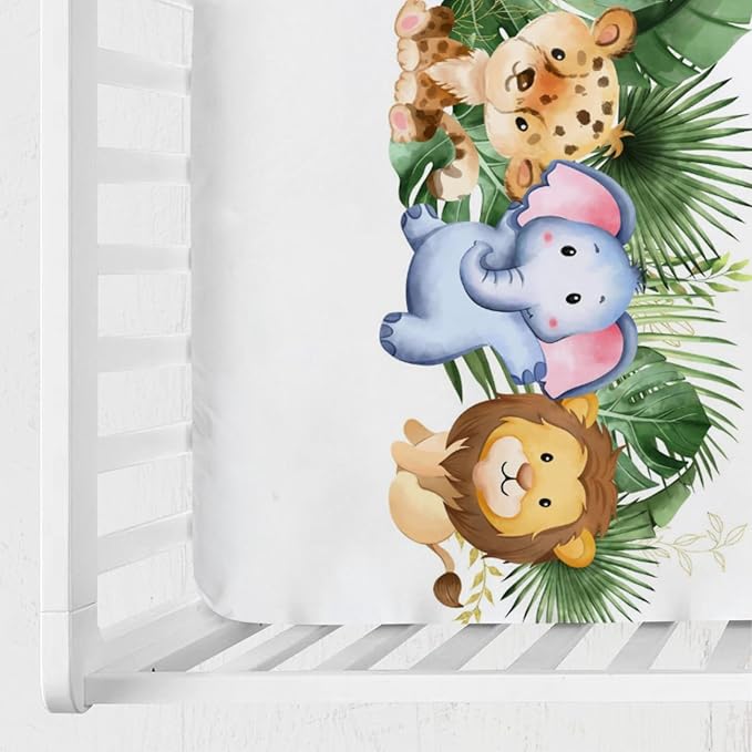 Baby Jungle Safari Animals Tropical Leaves Flowers Baby Crib Sheet 52''x28'' Fitted Crib Mattress Cover for Boy Girl Nursery Toddler Bed Sheet Fits Standard Crib and Toddler Mattresses Leaves