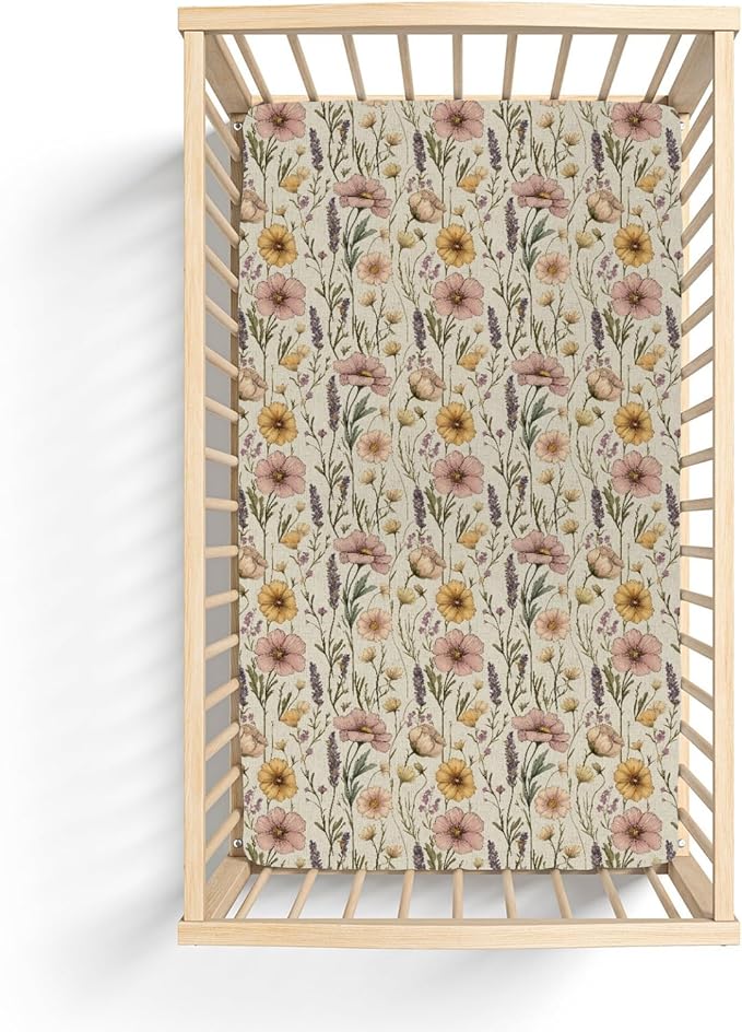 Vintage Floral Baby Crib Sheets for Boy Girl 52"x28" Retro Boho Flowers Soft Stretchy Fitted Crib Mattress Covers Wild Plant Spring Summer Baby Sheet for Standard Crib & Toddler Mattress Pad