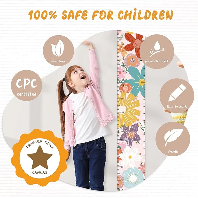 Woodemon Personalized Name Growth Chart for Wall, Painted Flowers Canvas Height Chart for Kids Baby Child Toddler, Canvas Growth Chart for Wall Nursery Decor, Hangable & Waterproof