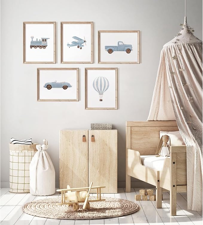 Blue Car Wall Art Decor Boys Room Canvas Poster Vintage Train Transportation Wall Art Watercolor Toddler Art Prints Blue Car Pictures Painting for Boy Bedroom Kids Nursery 12x16 Inch Unframed Set of 5