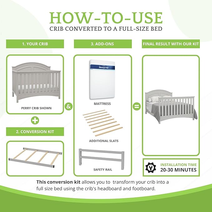 Full-Size Conversion Kit Bed Rails Compatible with Delta Children Convertible Cribs - Solid Wood Rail #0050 - Toddler and Adult Bed Rail for Full-Size Beds - Baby Furniture (Moonstruck Grey - 1351)