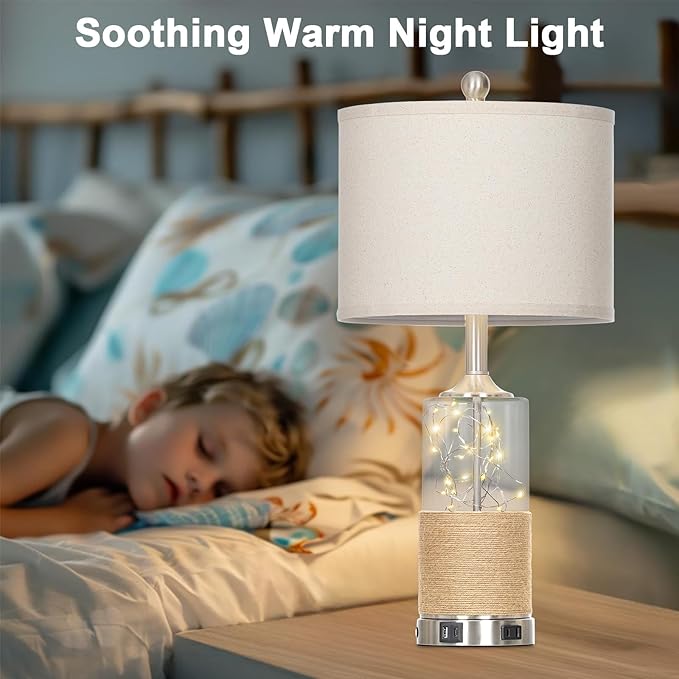 Cinyirong 25" Boho Table Lamps Set of 2, Coastal Glass Bedside Lamps with USB A+C Ports and AC Outlet, Rattan Lamp with Night Light for Nightstand Living Room Bedroom, 2 LED Bulbs Included, Silver