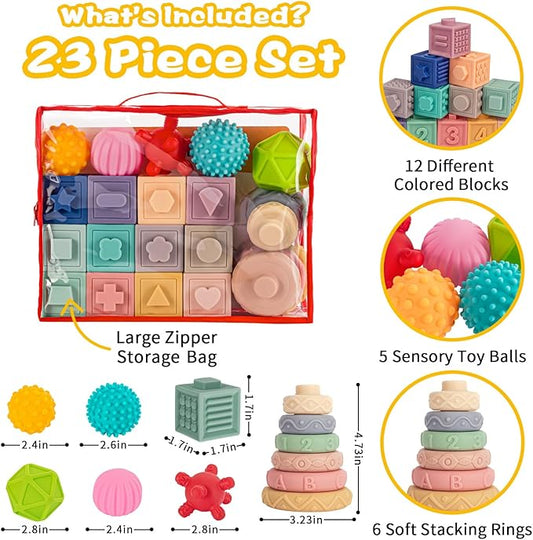 SpringFlower 3 in 1 Montessori Toys for Babies 0-3-6-12 Months, Soft Baby Teething, Stacking Building Blocks for Infants, Sensory Developmental Education Toys for Toddler Baby 12-18 Months,23 PCS