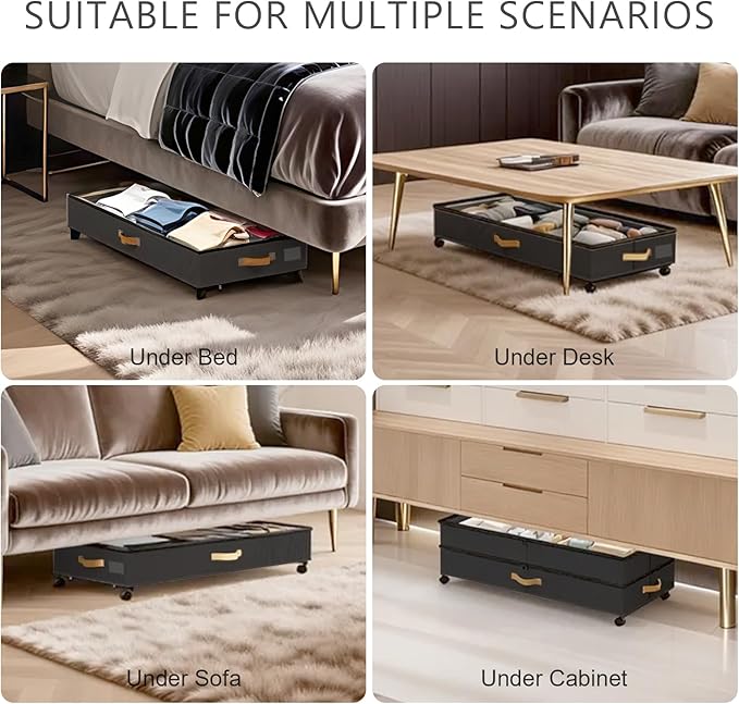GOVEYONY Under Bed Storage with Wheels 2-Pack, 75L XXL Under the Bed Storage Containers Large, 12" Tall Adjustable Storage for Underbed with Lids, Rolling for Clothes, Shoes, Blankets (Black)