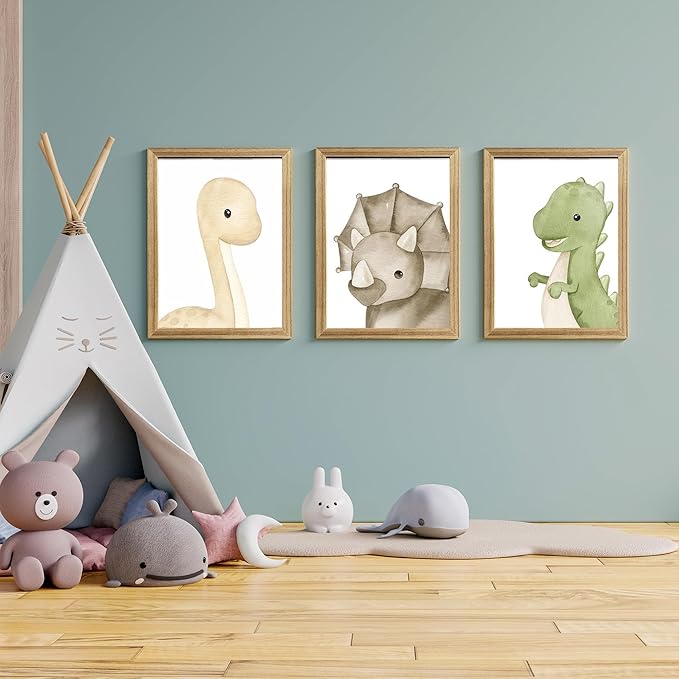 arfitest Dinosaur Wall Art Kids Boys Room Canvas Wall Decor Dino Nursery Wall Art Pictures Baby Dinosaur Poster Prints for Boys Bedroom Bathroom 12x16 Inch Framed Set of 3