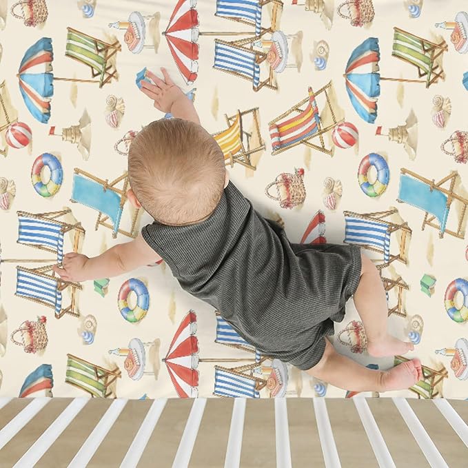 Fun Beach Days Baby Crib Sheets for Boy Girl 52"x28" Umbrella Beach Balls Summer Soft Stretchy Fitted Crib Mattress Cover Seaside Coastal Nursery Baby Sheet for Standard Crib & Toddler Mattress