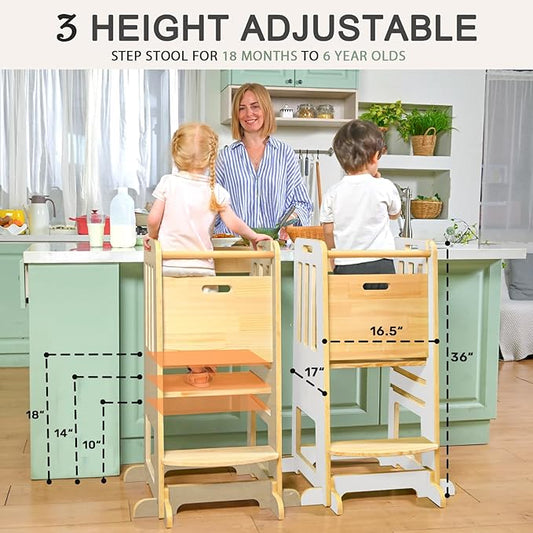 WINGYZ Toddler Tower – Adjustable Step Stool Helper for Kids 18M–6Y, Kitchen Learning Stool with Safety Rail, 3-Height Adjustable, Sliding Door, Full Support Foot, Wooden Updated Design, White