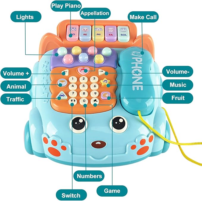 Baby Toy Phone Cartoon Baby Piano Music Light Toy Children Pretend PhoneToy Gift Game Boy Girl Early Education Gift Blue (18 M+)