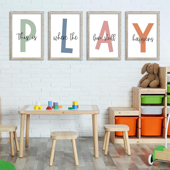 This Is Where The Fun Stuff Happens Kids Playroom Wall Art Decor 16x24 Inch Set Of 4 Rustic Kids Wood Framed Sign Toddler Modren Nursery Interesting Let's Play Prints Wall Hanging (White)