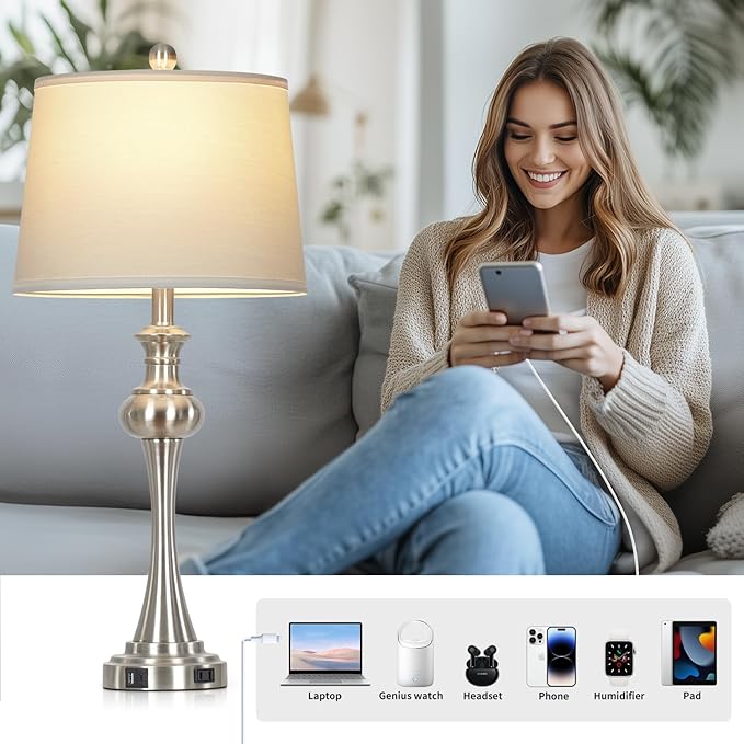 Cinyirong 28.75" Silver Table Lamps for Living Room,Touch Lamps for Bedrooms Set of 2 - Nightstand Table Lamp with USB C+A, 3 Way Dimmable Bedside Lamps End Tables Brushed Nickel