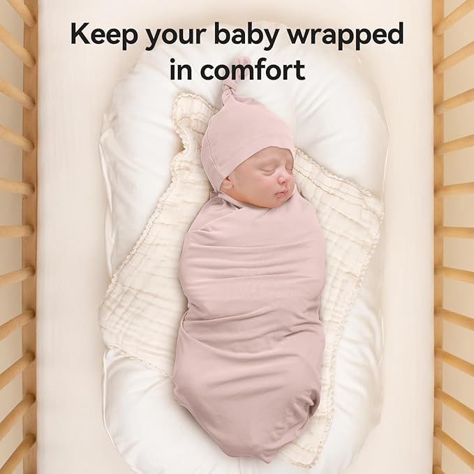 Rayon Made from Bamboo Newborn Swaddle Blanket Set with Matching Beanie, Super Soft Stretchy Baby Clothes Outfit for Girl Boy, Receiving Blankets Newborn Essentials, 47 x 47 Inch