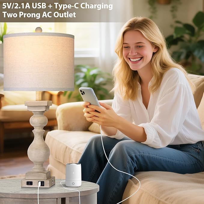 MOUVOVO 28" Tall Farmhouse Table Lamps Set of 2 with USB C+A Ports and AC Outlet, 3 Way Touch Tall Rustic Bedside Lamps for Living Room, Beige Vintage Lamps for Bedroom