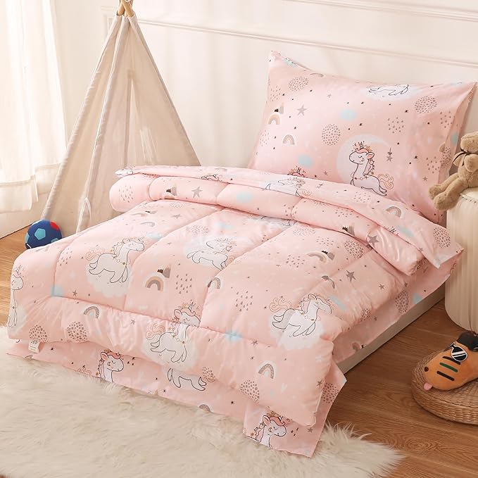 JSD Pink Unicorn Toddler Bedding Set, 4 Piece Bed-in-a-Bag Toddler Microfiber Comforter Sheet Set, All Season Machine Washable