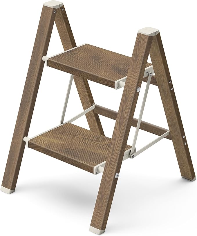 Mayi Plus 2 Step Ladder,Aluminum Folding Step Stool for Adults,Step Ladder with Wide Anti-Slip Pedal,330 lbs Capacity for Home,Kitchen,Library,Office(Cherry Woodgrain