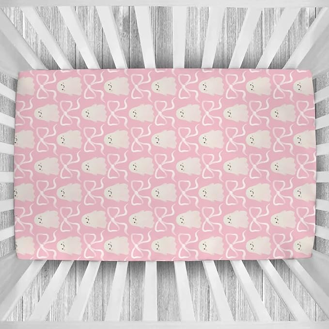 Halloween Spooky Pink Bows Baby Crib Sheets Cute Pastel Bows Soft Crib Sheet Spooky Season Fitted Crib Mattress Cover for Standard Crib and Toddler Mattresses 52"x28"