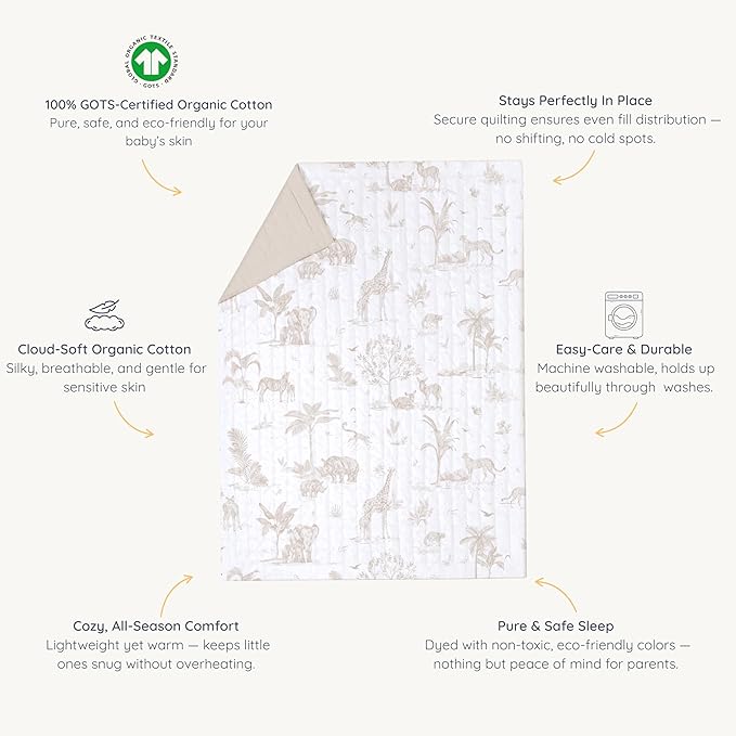 MakeMake Organics Organic Twin Comforter GOTS Certified Organic Kids Blanket Cotton Infill Tufted - Reversible Ultra Soft Breathable Boys Girls (68"x88", Safari + Solid Oat)