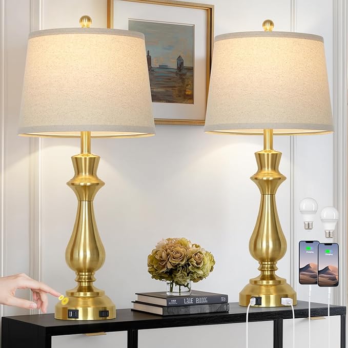 luxeflow Modern Gold Table Lamps Set of 2 for Living Room,30" Tall Bedside Lamp with USB Charging Port,3-Way Dimmable Touch Nightstand Lamp for Bedroom Desk Side Table Office,Gold