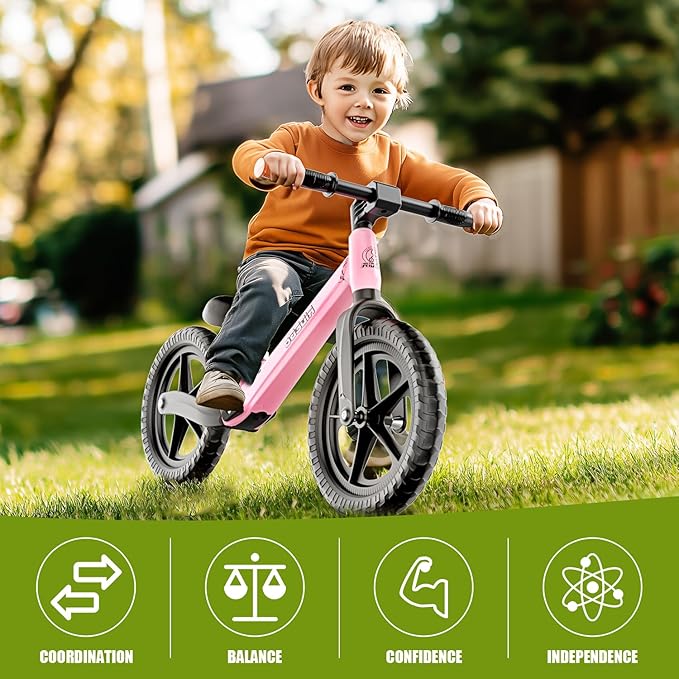 Ridego 12 Inch Balance Bike for Kids 2-4 Year Old,Lightweight Kids Bike with Adjustable Seat, Push Bicycle with Air Rubber Tires，Ride-on Toys Birthday Gift