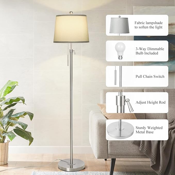 JUNNAI Floor Lamp for Living Room,Adjustable Height Standing Lamp,Dimmable Modern Floor Lamps for Bedroom Office Tall Floor Lights with Pull Chain Bulb Included-Silver Gray Shade