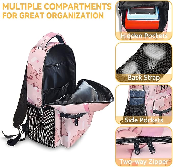 AIOMXZZ Personalized Pig Backpack Gifts with Text Name, 16 Inch Cute Pig Bookbag Durable, Lightweight, Large Capacity, Funny Animal Backpack for School Girls Kids Women