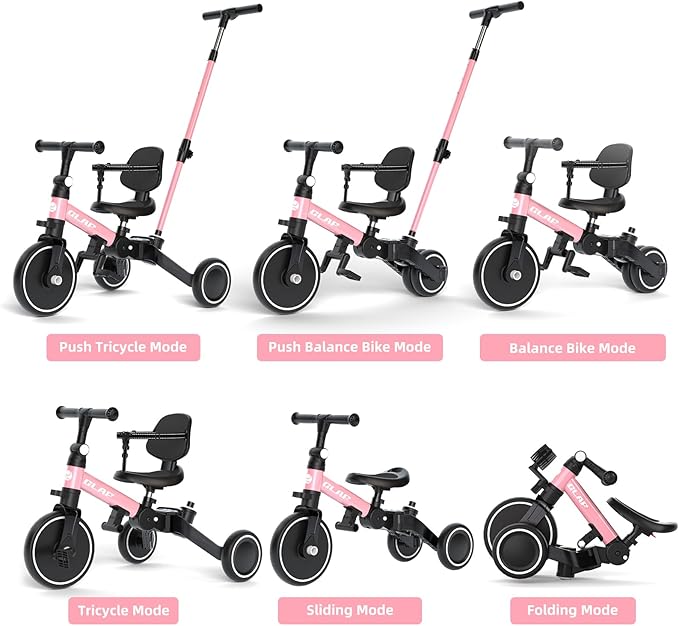 Glaf Tricycle for Toddlers 1-3 Toddler Bike with Push Handle 2-4 Years Baby Bike Toy for 1 Year Old Boys and Girls Balance Bike with Removable Pedal, Backrest, Adjustable Seat, Gifts (Pink