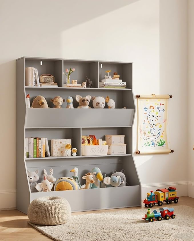 Arlopu Kids Bookshelf & Toy Storage Organizer, 4 Tier Wooden Cabinet with Open Design, Toddler-Friendly Bookcase for Playroom, Nursery, Classroom, Kindergarten (Grey)
