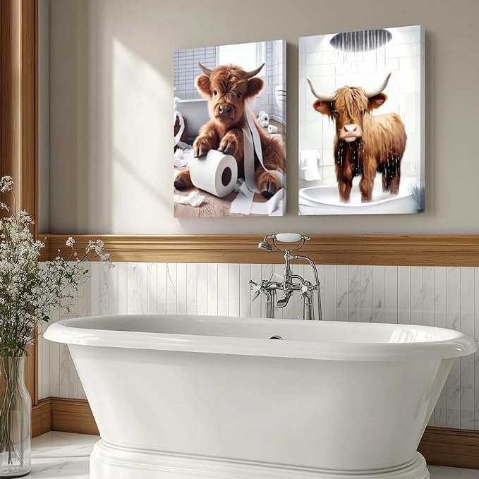 Hianan Funny Bathroom Highland Cow Canvas Wall Art, Cute Brown Cow Bathroom Wall Decor, Framed Animal Bathing Poster Prints, Retro Rustic Farmhouse Wrapped Canvas Artwork for Bathroom Restroom 16"x24"x3