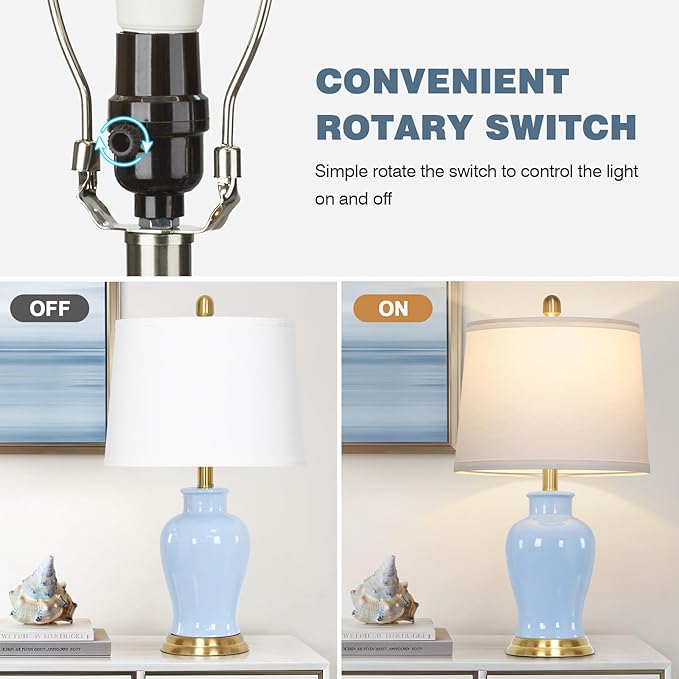 luxeflow Blue Ceramic Table Lamps Set of 2, 23" Coastal Ceramic Lamps with Ginger Jar Design, Modern Bedside Lamp for Living Room End Table, Elegant Bedroom Lamp for Nightstand Desk Side Home Decor