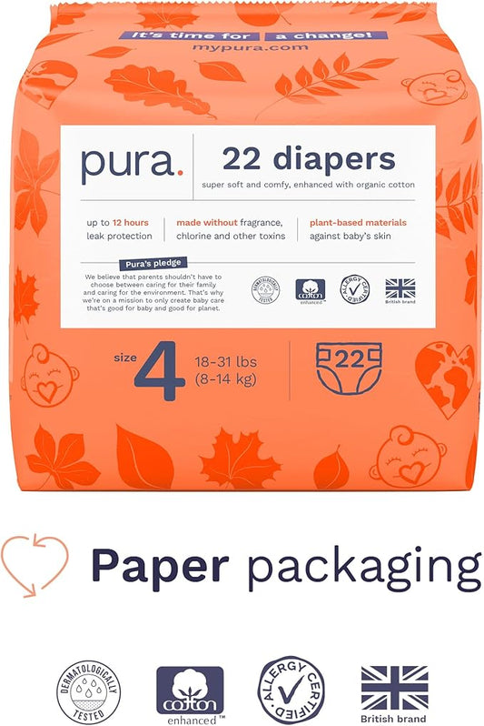 Pura Size 4 Eco-Friendly Diapers (18-31lbs) TCF Hypoallergenic, Soft Organic Cotton, Sustainable, up to 12 Hours Leak Protection, Allergy UK, Recyclable Packaging, 3 Packs of 22 (66 Diapers)