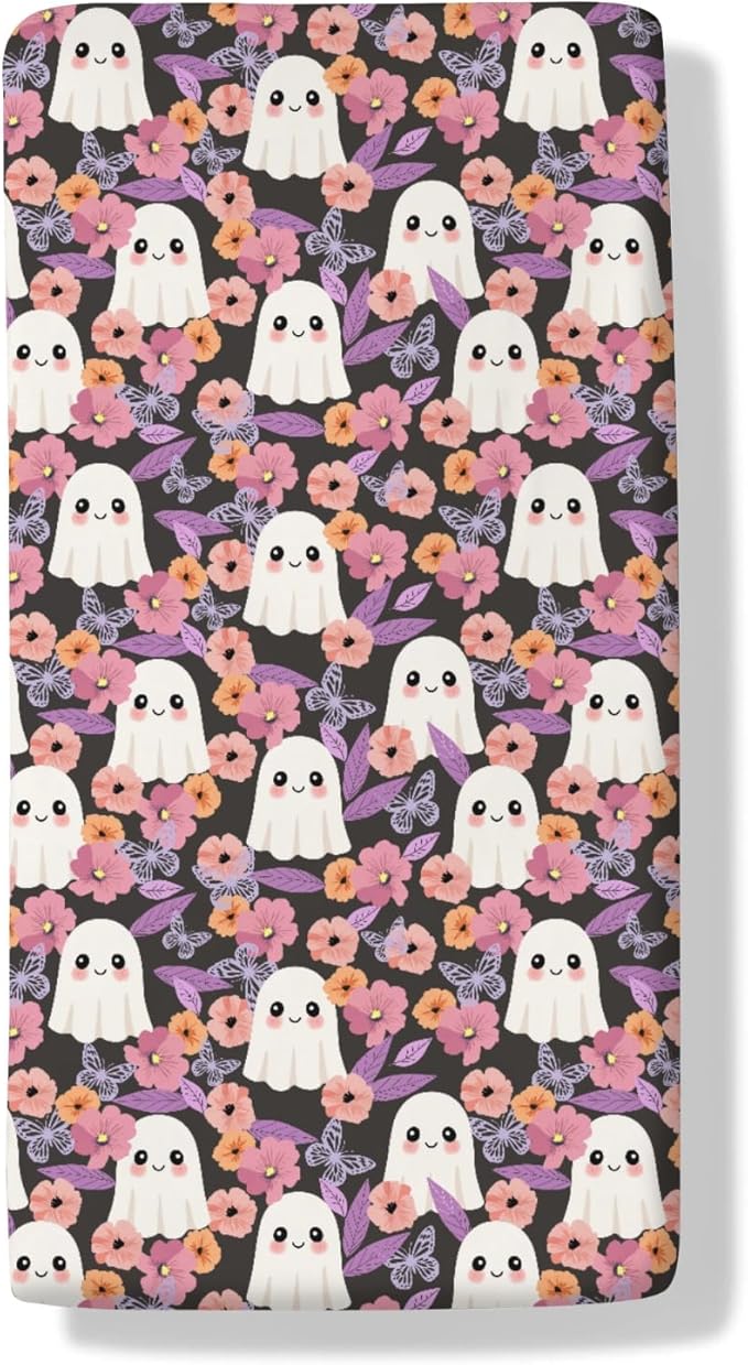 Halloween Spooky Boho Floral Baby Crib Sheets Cute Spooky Retro Flowers Autumn Soft Baby Sheets Fall Holiday Fitted Crib Mattress Cover for Standard Crib Mattress 52"x28"