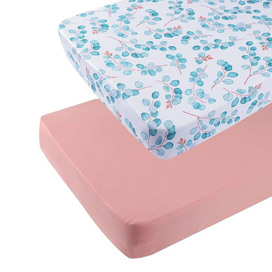 Onacosht Pack n Play Sheets 2 Pack for Baby Girl, Stretchy Jersey Knitted Playard Fitted Sheets Portable Mini Crib Mattress Cover, Watercolor Green Leaf and Plain Pink