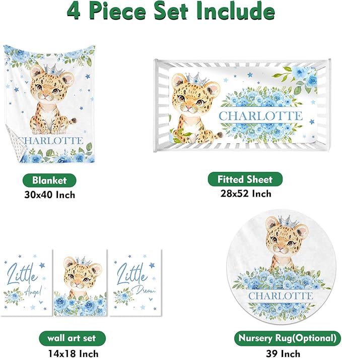 Personalized Baby Crib Bedding Set: 4 Piece Custom Blue Floral Leopard Crib Bed Set with Name, Nursery Bedding Set for Baby Girls, Newborn Boys Crib Sets, Crib Bedding Custom Gift, Crib Sheet