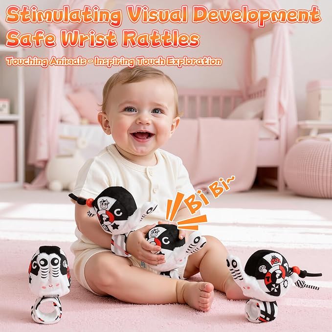 Spiral Car Seat Baby Toys 0-6 Months, Activity High Contrast Black White Sensory Toys with Wrist Rattles Set Hanging Stroller Accessories, Newborn Adjustable Carseat Toys for Baby Boys Girls