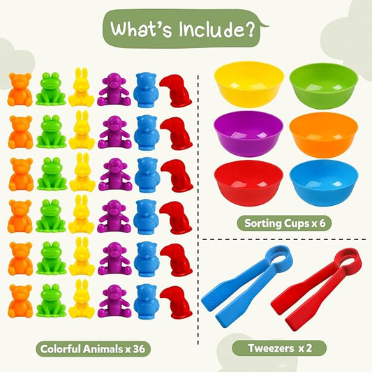 TSYAN Counting Animals Matching Games Sensory Toys with Sorting Bowls Preschool Learning Activities Color Classification Montessori Educational Toys Set Gift for Boys Girls Toddlers Toys Age 3+